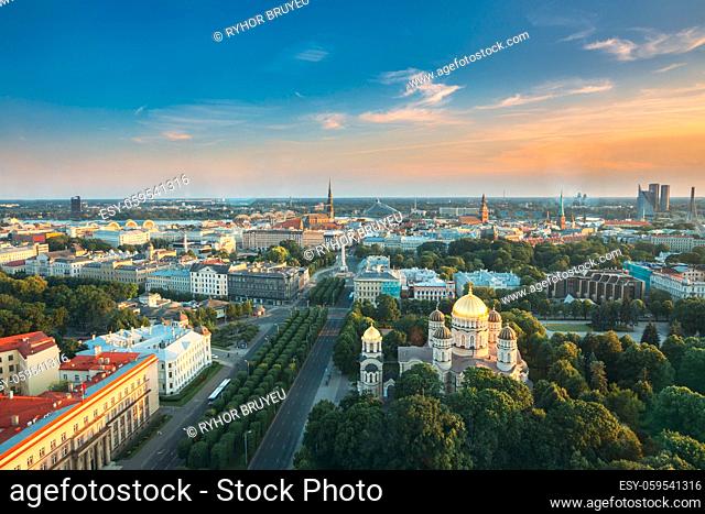 Riga, Latvia. Riga Cityscape. Top View Of Buildings Ministry Of Justice, Supreme Court, Cabinet Of Ministers In Summer Evening. Aerial View