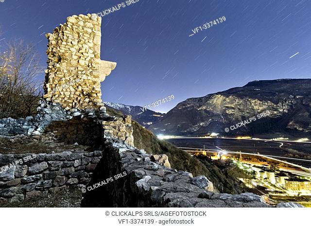 The castle of Nomi in the night. Trento province, Trentino Alto-Adige, Italy, Europe