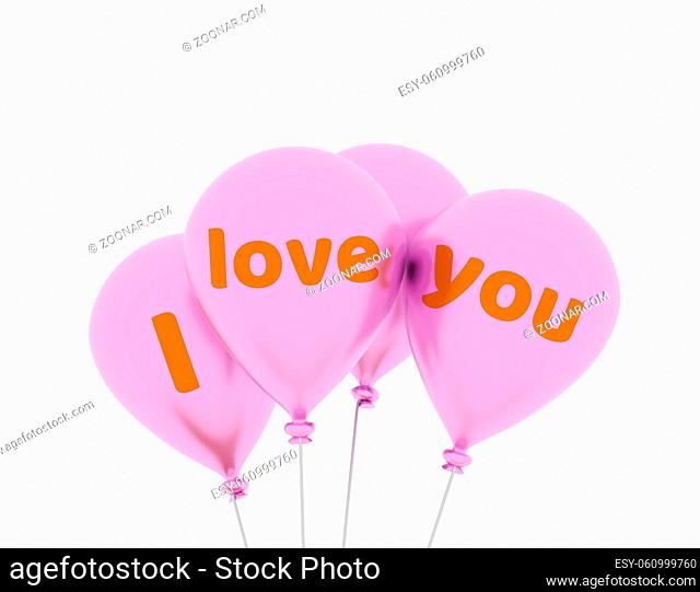 Four shiny pink balloons with the words I love you on a white background, 3d rendering