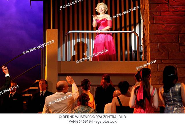 Laura Parfitt as Marilyn Monroe performs on stage during rehearsals of the opera 'Happy Birthday, Mr. President' by Kriss Russmann (music) and Syllaynn Kleibel...