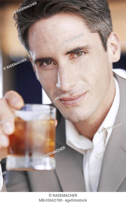 Man, suit, whisky glass, equalized, portrait