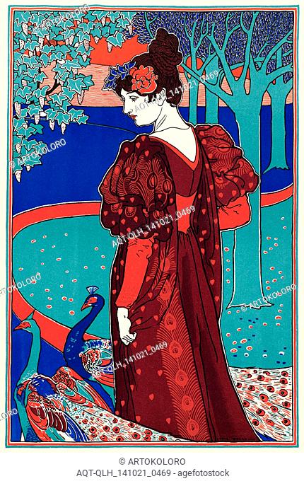 Louis John Rhead (American, 1857 - 1926). Woman with Peacocks (La Femme au Paon), ca. 1897. Lithograph printed in six colors on wove paper