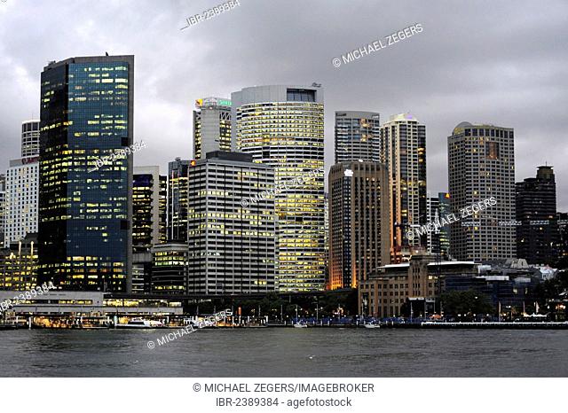 Evening mood, skyline of the Central Business District, CBD, Circular Quay, Sydney Cove, Sydney Harbour, Sydney, New South Wales, NSW, Australia