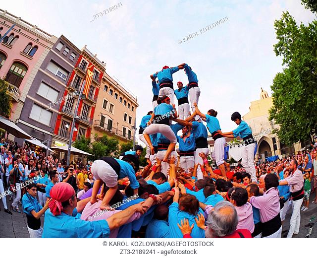 Castells Performance during the Festa Mayor 2013 in Terrassa, Catalonia, Spain. A castell is a human tower built traditionally in festivals at many locations...