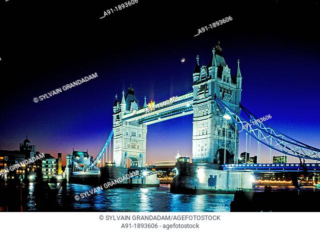 Tower Bridge at night, London, England, UK