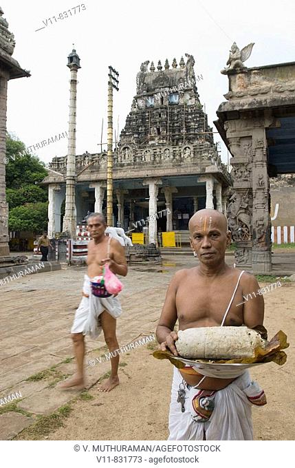 Temple Priest holding the Kanchipuram Idly. Spiced Kanchipuram Idli (Steamed Rice Cake) is a special prasad available in Varadaraja Perumal temple, Kanchipuram