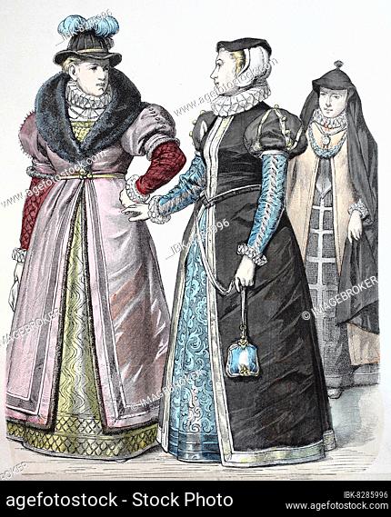 Folk traditional costume, clothing, history of costumes, distinguished woman of London, 1590, costumes from England, 16th century