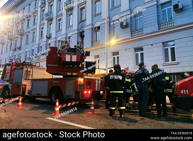 RUSSIA, MOSCOW - MAY 25, 2023: Firefighters at the scene of a fire in a residential building in Nikitsky Boulevard. According to emergency services