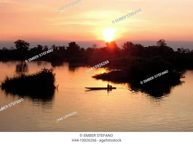 Laos, Asia, Don Det, Mekong, river, flow, boat, tree, 4000 islands, isles, sundown