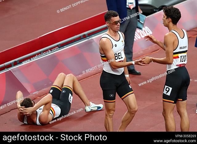 Belgian Dylan Borlee, Belgian Kevin Borlee and Belgian Jonathan Borlee look dejected after the final of the 4x400m men relay race on day 17 of the 'Tokyo 2020...
