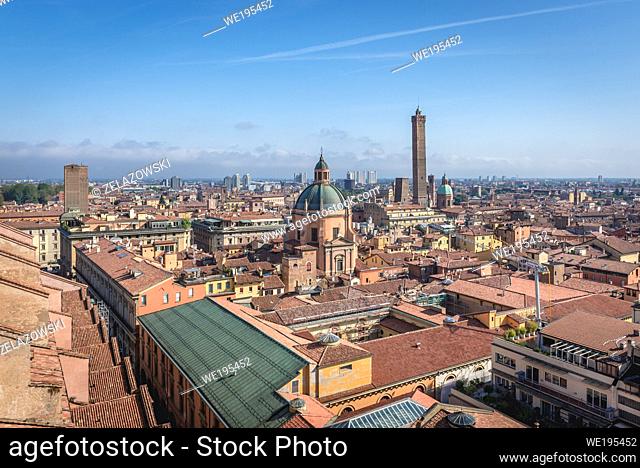 Aerial view from Basilica of San Petronio with Sanctuary of Santa Maria della Vita and so called Two Towers