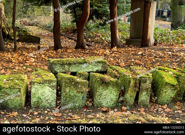 Berlin, Jewish cemetery Berlin Weissensee, largest preserved Jewish cemetery in Europe, stones, moss, autumn leaves