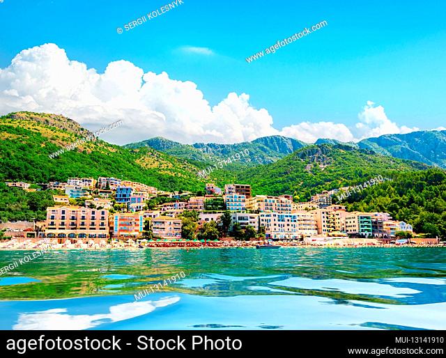 View to the city on Adriatic sea coast near Sveti Stefan island, Montenegro