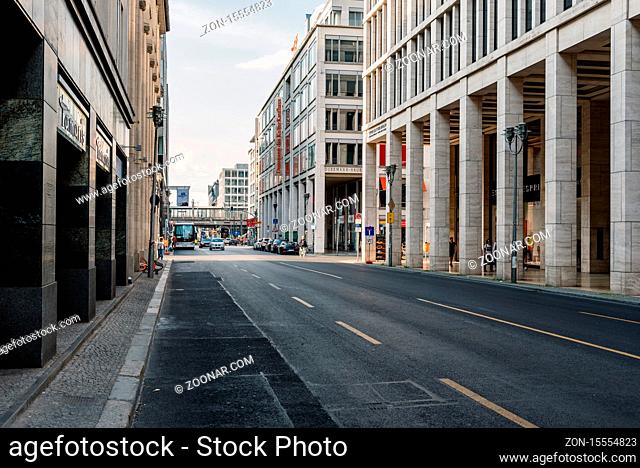 Berlin, Germany - July 28, 2019: View of Friedrichstrasse street with luxury stores along the colonnade