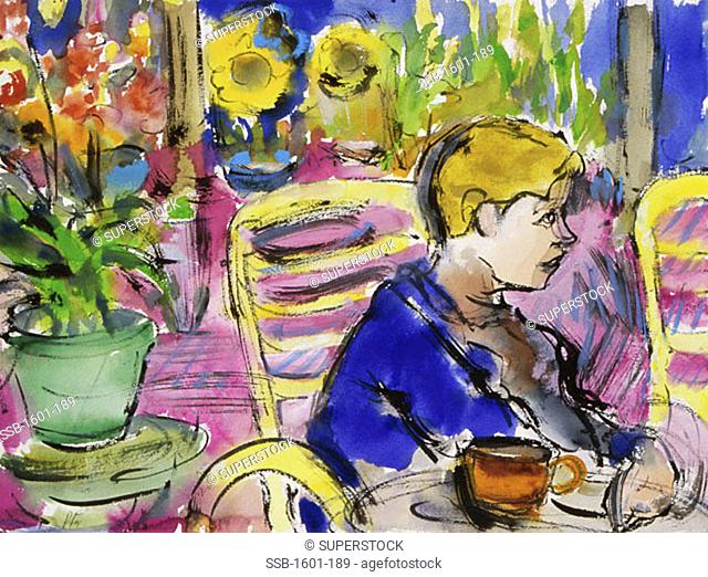 The Patio, Morning, 1999, Richard H. Fox (b.1960/American), Watercolor & Ink on Paper