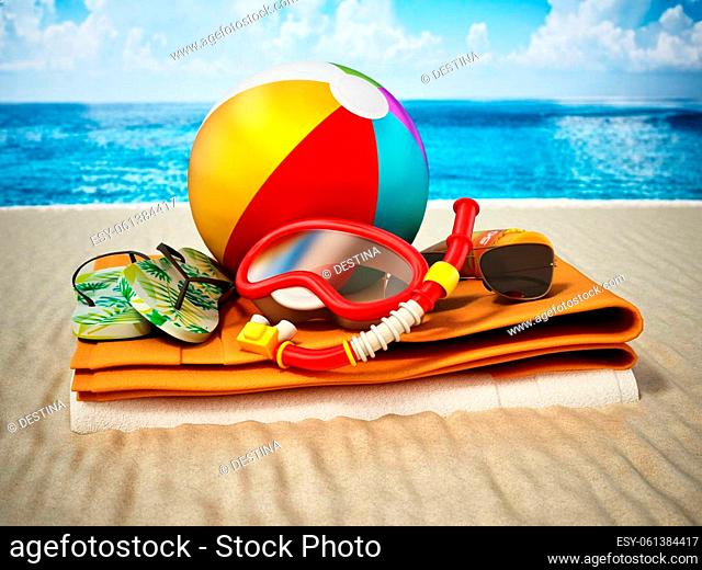 Personal accessories standing on the beach sand. Travel and vacations concept. 3D illustration