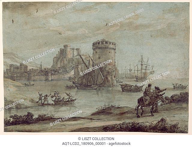 Figures in a Landscape before a Harbor; Claude Lorrain (Claude Gellée) (French, 1604 or 1605 ? - 1682); France; late 1630s; Pen and brown ink