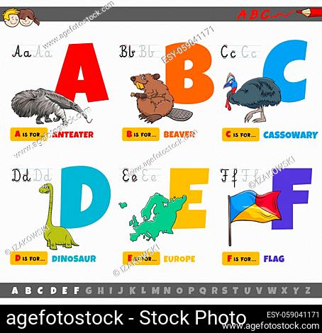 Cartoon illustration of capital letters from alphabet educational set for reading and writing practice for kids from A to F