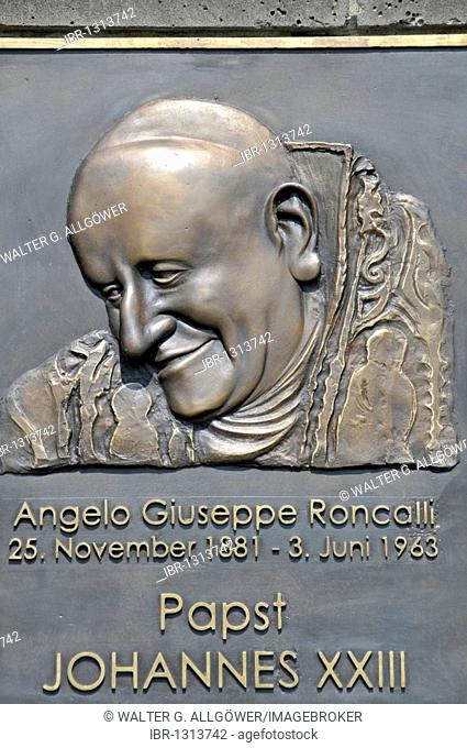 Bronze relief of Pope John XXIII., Roncalliplatz square on the south side of the Koelner Dom Cologne Cathedral, Cologne, North Rhine-Westphalia, Germany, Europe