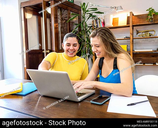 Happy businesswoman using laptop sitting by colleague at table
