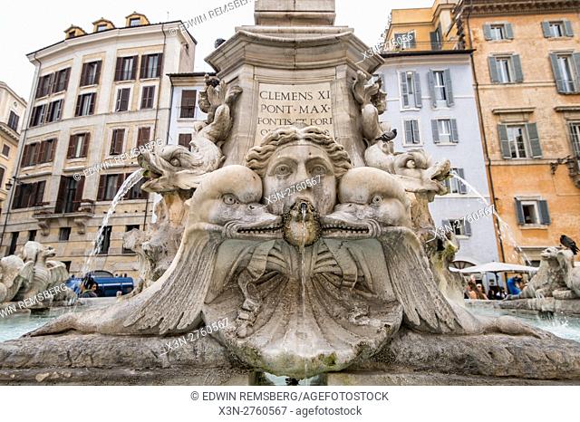 Rome, Italy- Close up of a fountain outside of the Roman Pantheon, the most preserved building from Ancient Rome. It was built between AD 118 and 125 by Emperor...