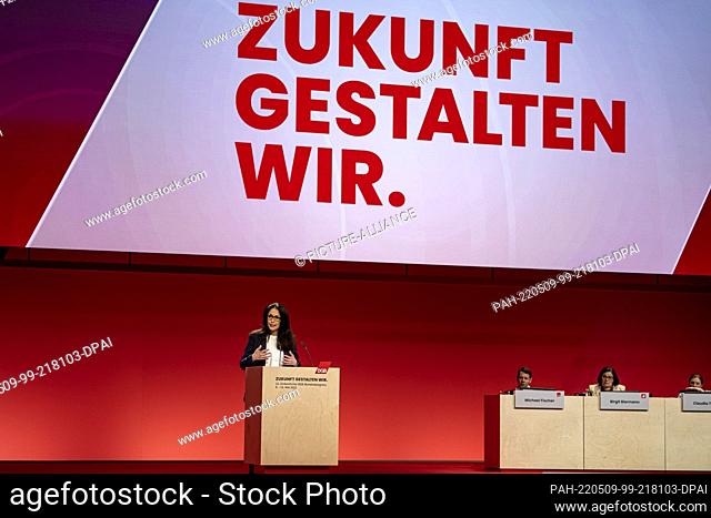09 May 2022, Berlin: Yasmin Fahimi (SPD), new DGB chairwoman, speaks at the continuation of the 22nd Ordinary Federal Congress of the German Trade Union...