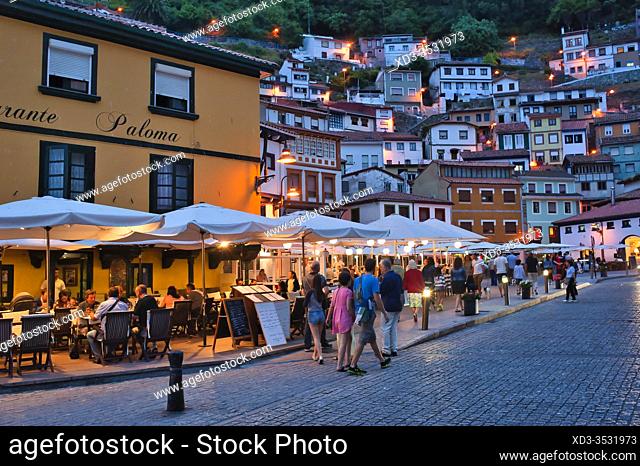 restaurants on Plaza San Pedro at night, Cudillero, Asturias, Spain