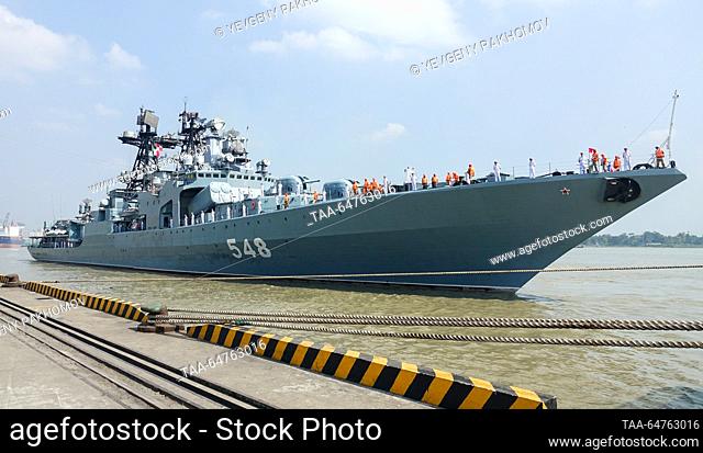 BANGLADESH, CHITTAGONG - NOVEMBER 12, 2023: The Russian destroyer Admiral Panteleyev of the Russian Navy's Pacific Fleet arrives at the city port