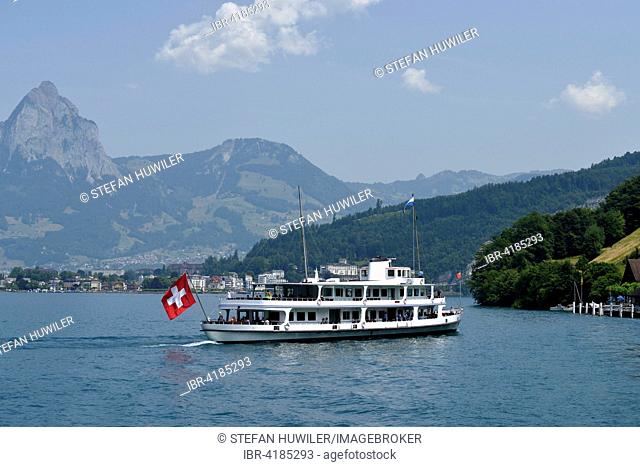 MS Schwyz approaching the landing stage at Treib, Grosser Mythen mountain behind, Lake Lucerne, Canton of Uri, Switzerland