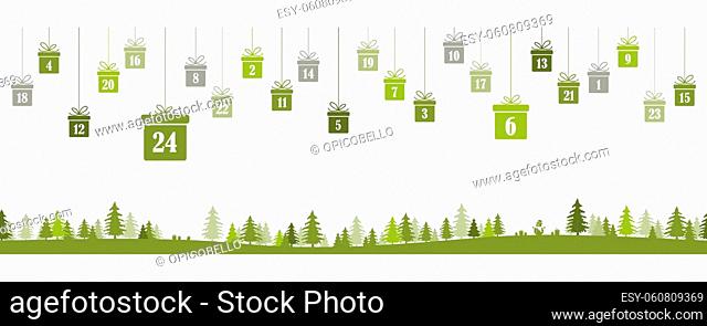 hanging christmas presents colored green with numbers 1 to 24 showing advent calendar for xmas and winter time concepts, green nature background with fir trees...