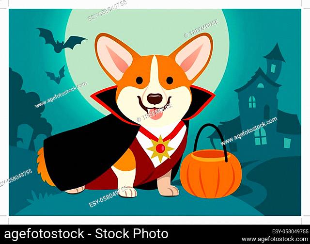 Halloween corgi dog in vampire costume against spooky background: night scene with full moon, haunted house, cemetery tombstones, flying bats
