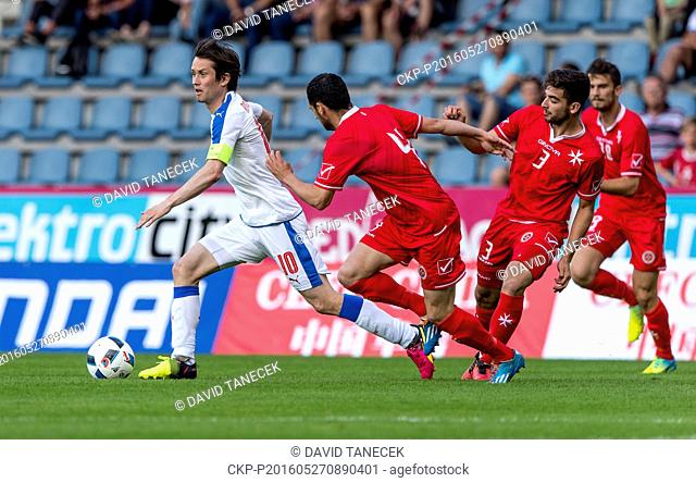 From left: Tomas Rosicky of Czech Republic, Gabereth Sciberras and Cane Attard of Malta in action during a friendly soccer match between Czech Republic and...