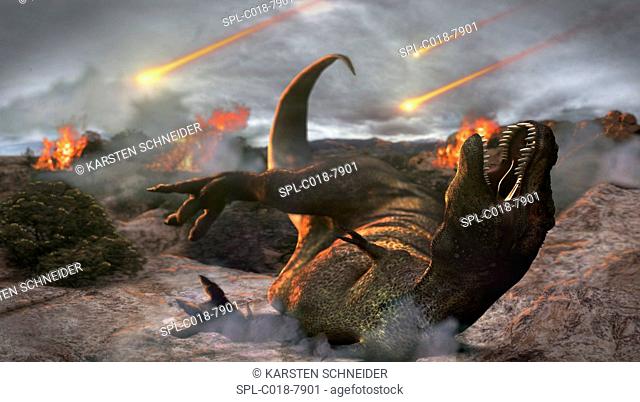 Extinction of the dinosaurs, artwork. Asteroids impacting around a T rex dinosaur. It is thought that an asteroid that impacted Earth around 65 million years...