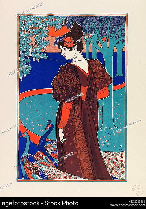 Woman with Peacocks, ca 1897. Creator: Rhead, Louis John (1858-1926)