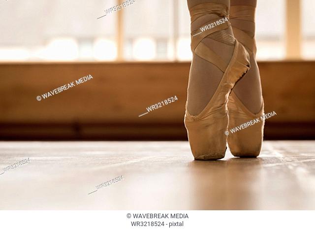 Ballerina dancing on wooden floor in dance studio