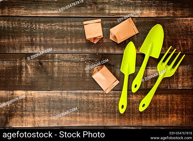 Garden tools - scoops and rake, seeds in paper bags on a wooden background. The concept of gardening, spring, sowing time