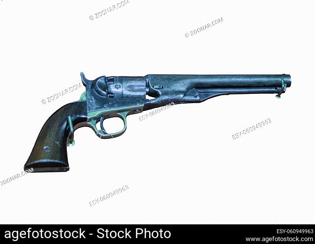 Side view old revolver isolated on white background