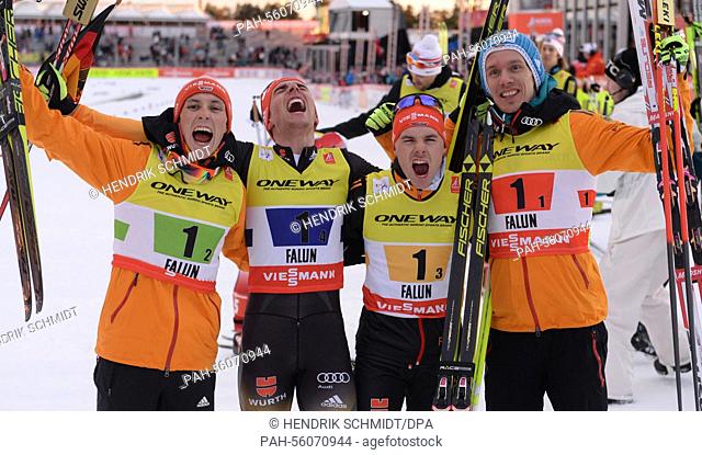 Eric Frenzel, Johannes Rydzek, Fabian Riessle and Tino Edelmann of Germany celebrate after winning the Normal Hill / Team Gundersen competition at the Nordic...