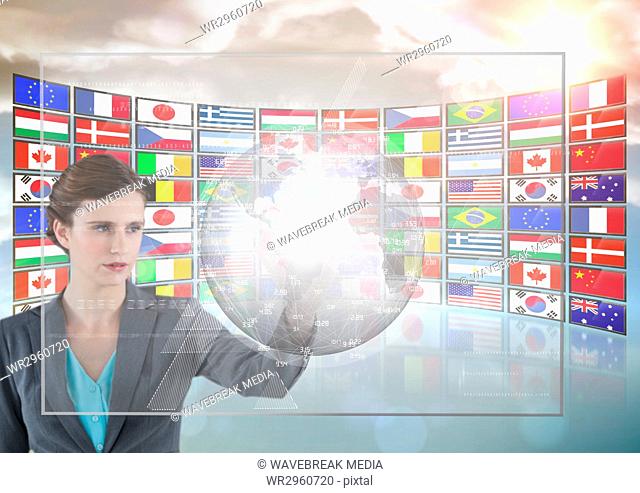 panel with flags woman doing things in a futuristic tactile screen