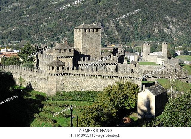 Switzerland, Ticino, Bellinzona, Castello, castle, fort, Montebello, walls, medieval