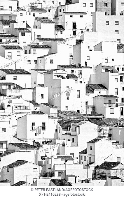 Houses seem to tumble down a steep hillside as if imitating a cubist painting, in the village of Casares, on the edge of the Sierra de Bermeja near Estepona in...