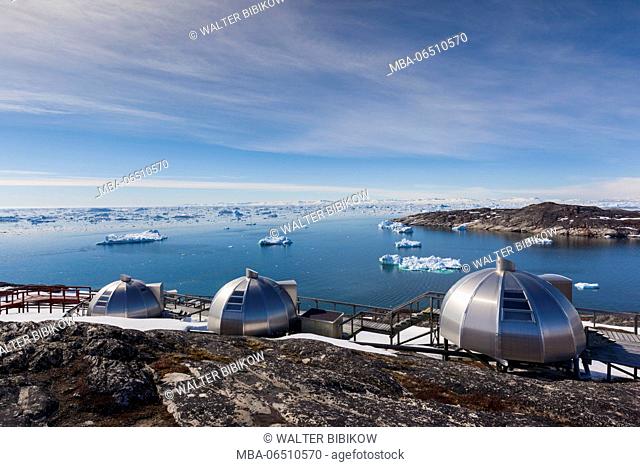 Greenland, Disko Bay, Ilulissat, waterfront igloo houses