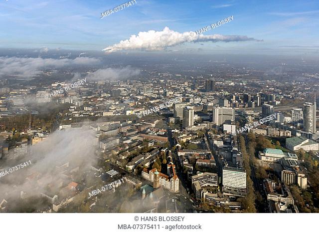 Autumnal clouds above city centre of Essen, city hall and Essen skyline with RWE tower, aerial view of Essen, Ruhr area