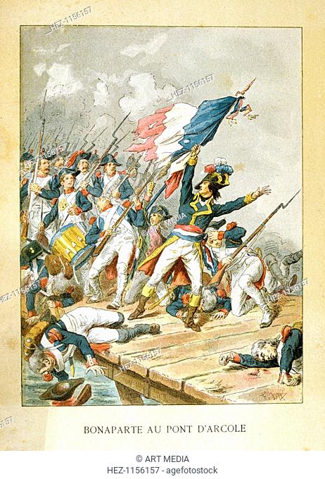 Napoleon at Arcola Bridge, 15 November 1796. Napoleon Bonaparte (1769-1821) holding the French flag and personally leading an assault across Arcola Bridge in a...