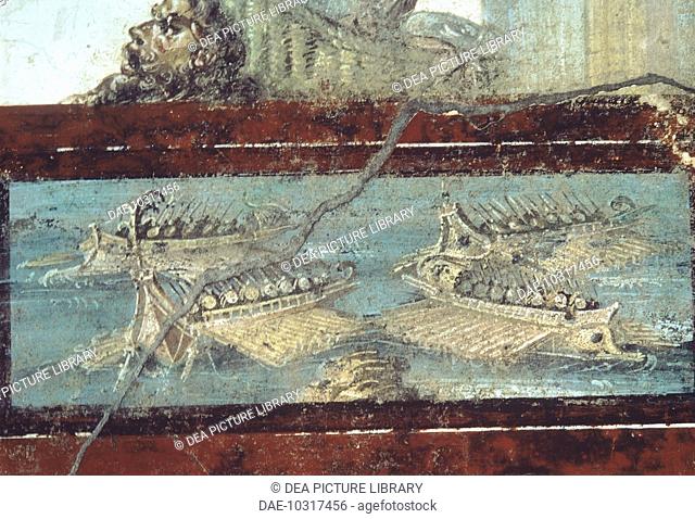 Fresco depicting a naval battle, from the House of the Vettii, Pompeii (UNESCO World Heritage List, 1997), Campania. Roman Civilization, 1st Century
