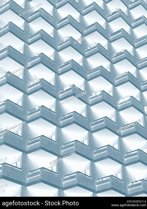 an abstract blue duotone image of large residential highrise building with geometric rows of balconies