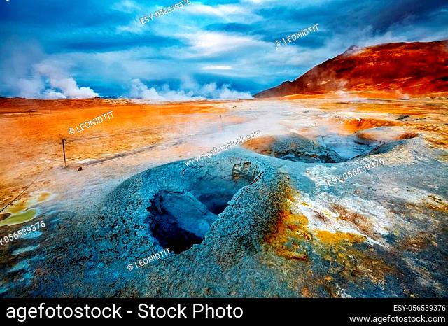 Ominous view geothermal area Hverir (Hverarond). Popular tourist attraction. Dramatic and picturesque scene. Location place Lake Myvatn