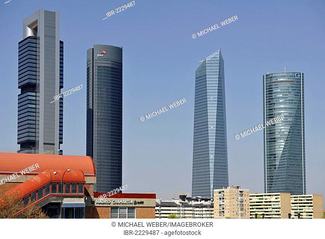Cuatro Torres Business Area, formerly the Madrid Arena, with four skyscrapers, Torre Caja Madrid, formerly the Repsol Tower, Torre PwC