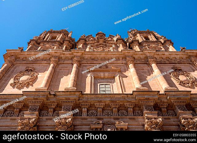 Ornate stone carvings on the Clericia church or cathedral in Salamanca Spain