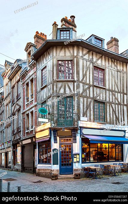 Street in historical center of Rouen with half-timbered houses, France